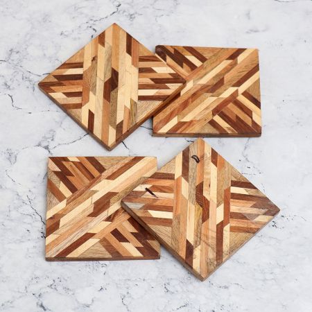 Square Shaped Modern Wooden Coasters for Decor - Pack of 4